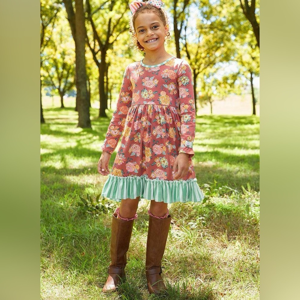 Matilda Jane Pink Floral Kids Dress with Green Ruffle sz 8